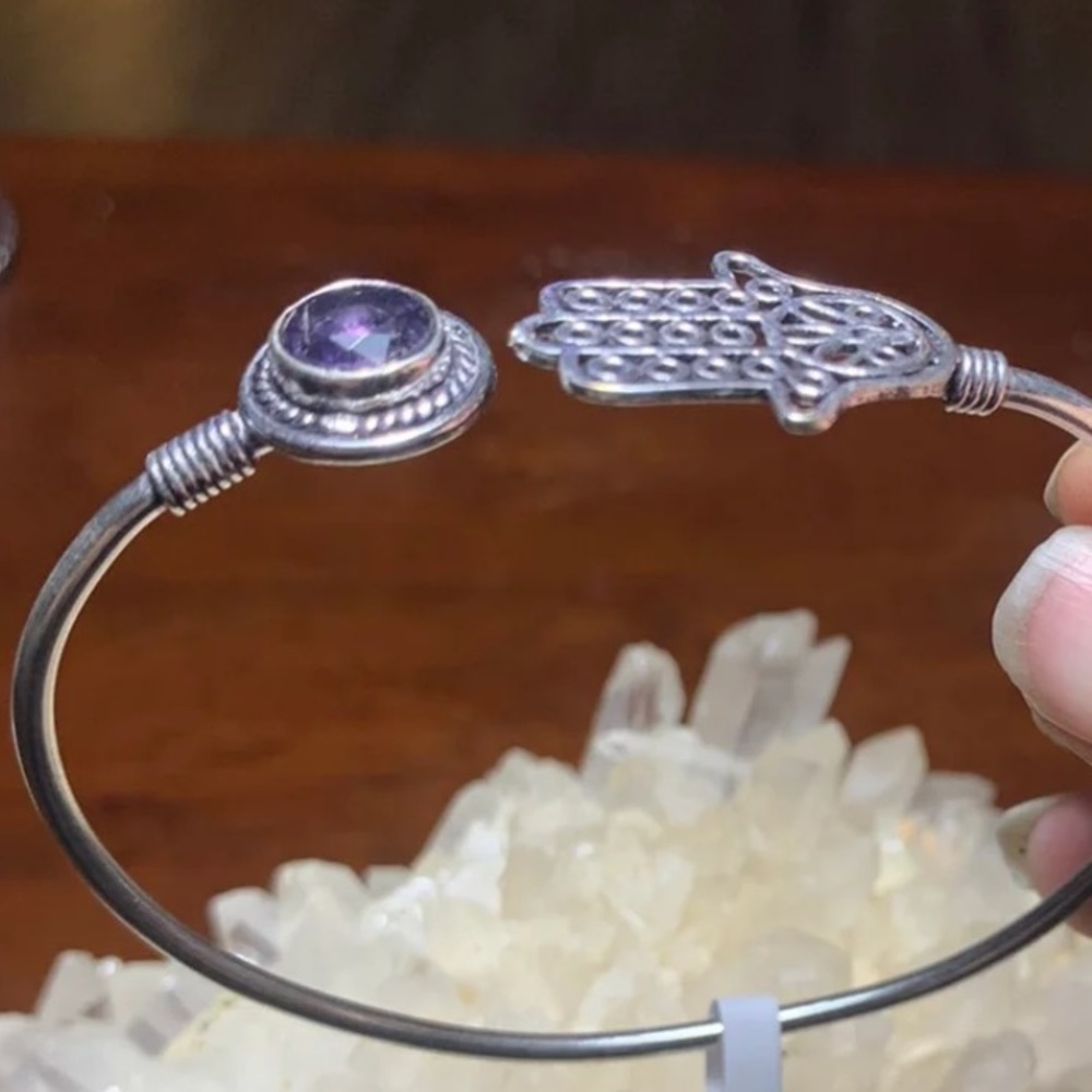 Hamsa Amethyst Adjustable Bangle Cuff Bracelet - image 2